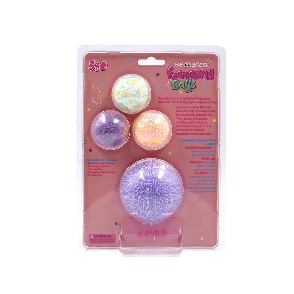 Scoobies Foamazing Balls – 3 Squishy + 1 Fuzzy Spiky Sensory Ball (Set of 4) Soft, Squishy, Non-Toxic Fidget & Stress Relief Toy for Kids 3+