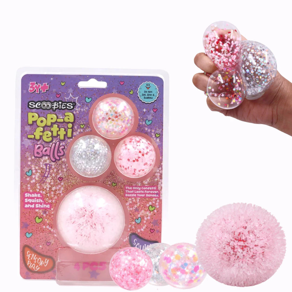 Scoobies Pop-a-fetti Balls: 3 Confetti Squishy + 1 Fuzzy Spiky Sensory Ball (Set of 4)