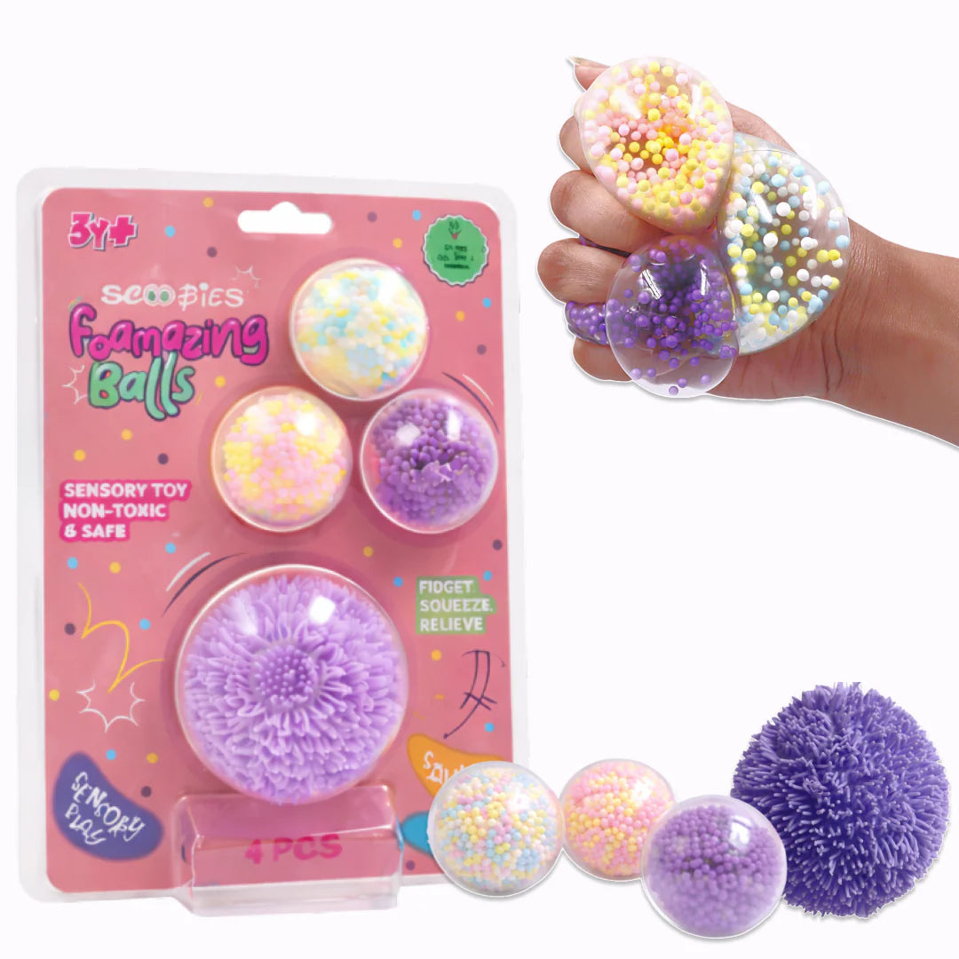 Scoobies Foamazing Balls – 3 Squishy + 1 Fuzzy Spiky Sensory Ball (Set of 4) Soft, Squishy, Non-Toxic Fidget & Stress Relief Toy for Kids 3+