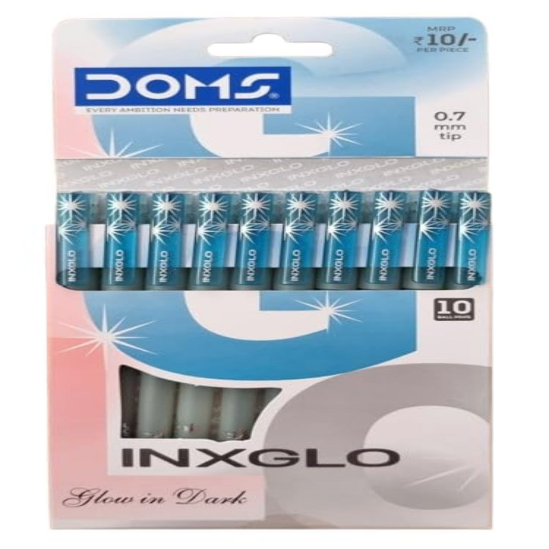 Doms INXGLO (Glow in Dark)  Blue Ball Pen | Pack of 10 Pens