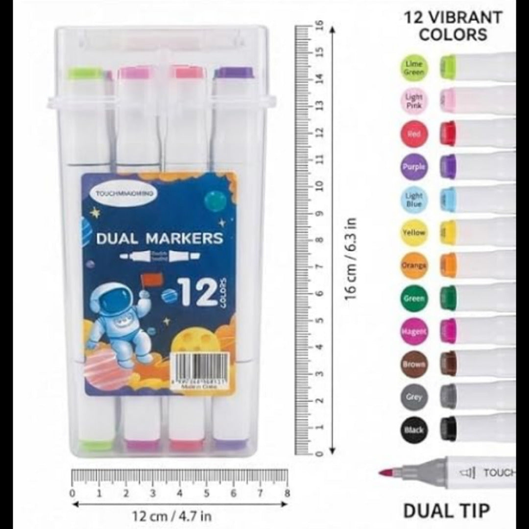 Dual Tip Art Markers (12 Colors) | Alcohol Based Sketch Pens for Drawing, Coloring & Calligraphy | Broad & Fine Tips