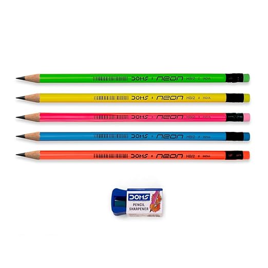DOMS Neon Rubber Tipped HB/2 Graphite Pencils Box Pack | Non-Toxic | Free Sharpener Inside The Box | Pack Of 10 Pencils