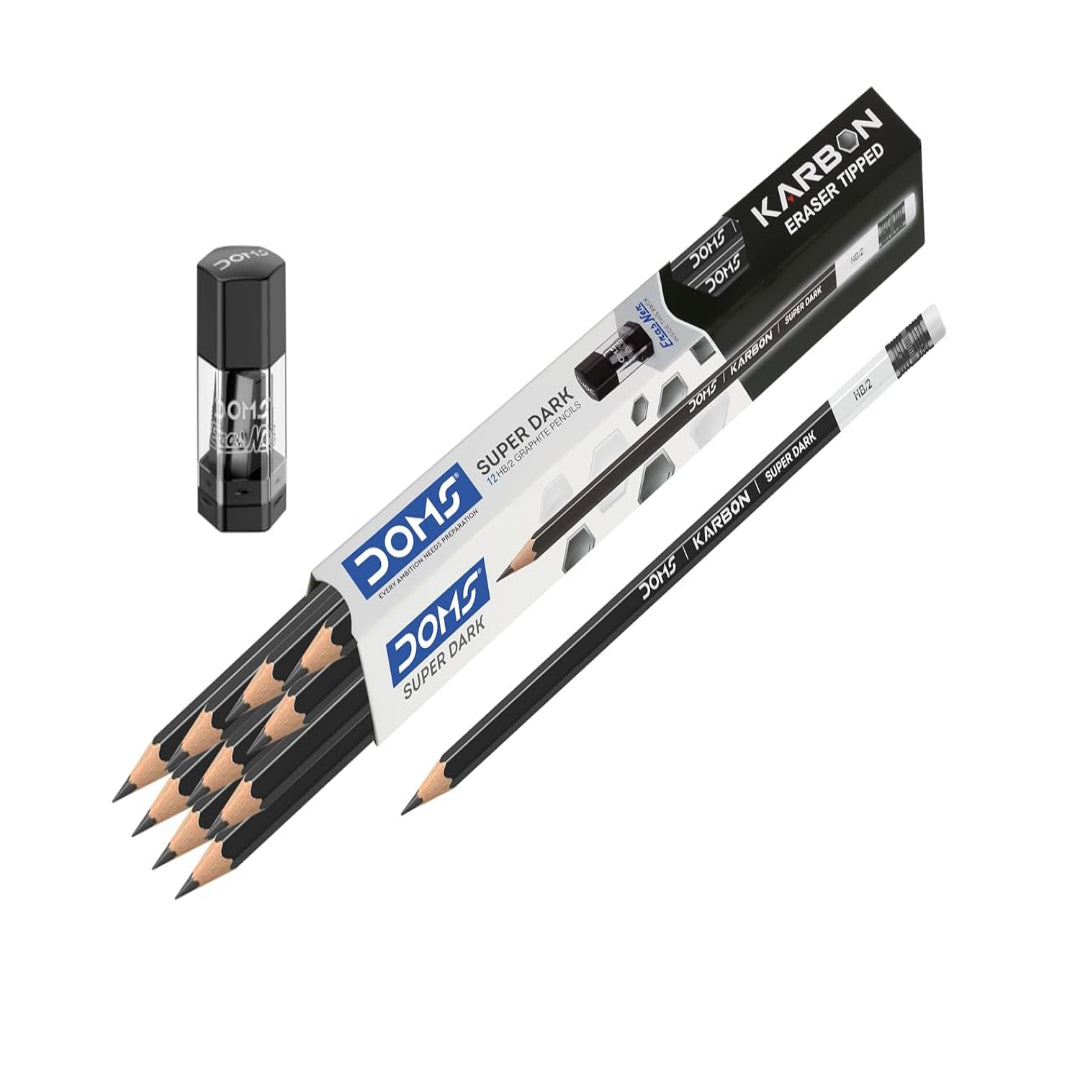Doms Karbon R/T Super Dark Pencils | Pack Of 10 pencils With Erasner (Sharpener+Eraser)