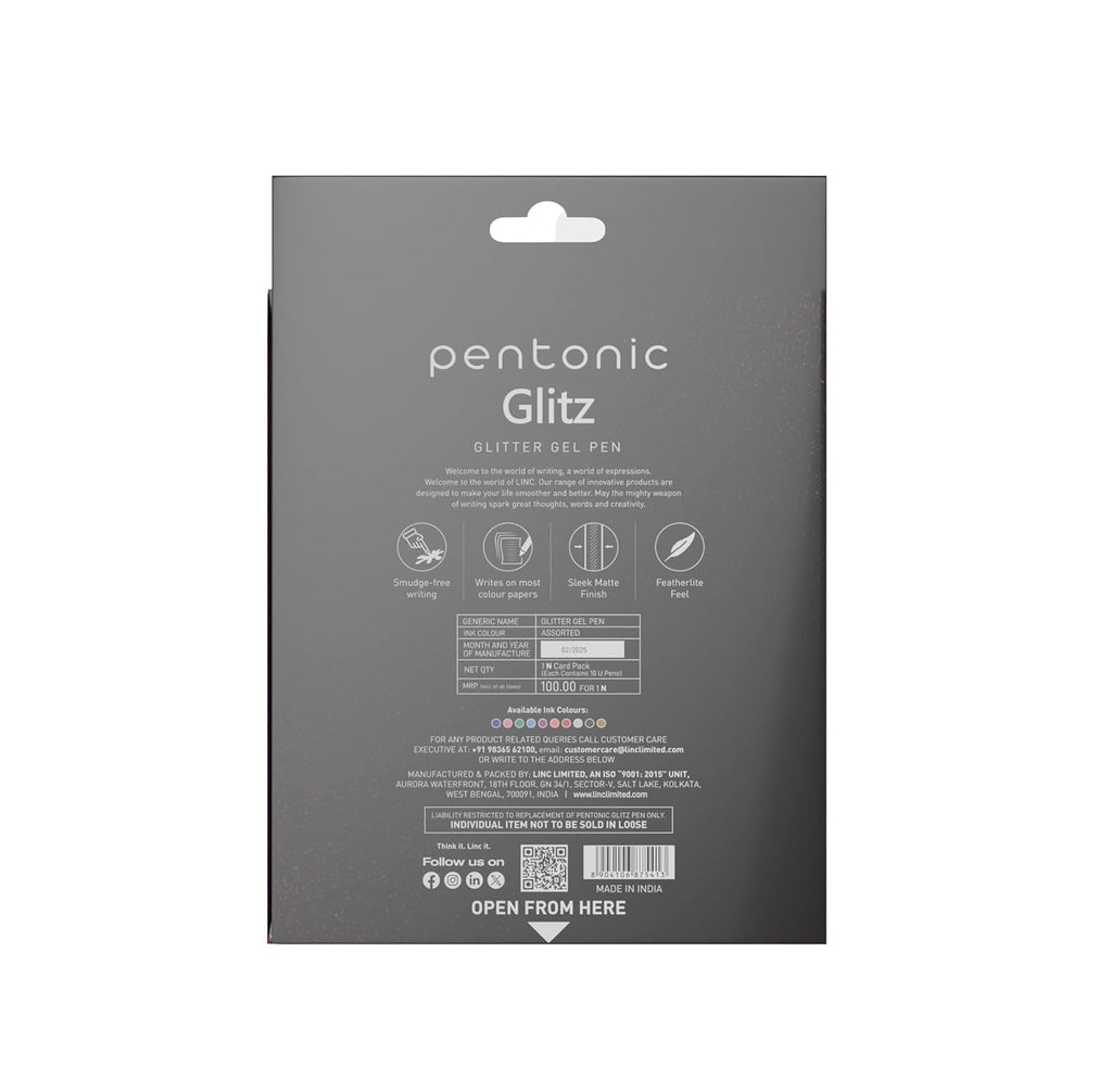Pentonic Glitz 1.0 mm Multicolor Glitter Gel Pens | Multicolor Ink, Set Of 10 Pens