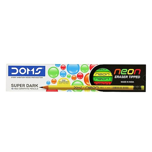 DOMS Neon Rubber Tipped HB/2 Graphite Pencils Box Pack | Non-Toxic | Free Sharpener Inside The Box | Pack Of 10 Pencils