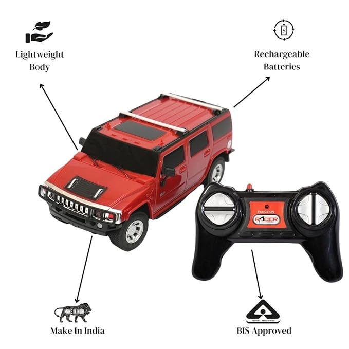 Rechargable Remote Control Car for Kids - Hummer H2 - Full Function R/C - Proudly Made in India - 1:24 Scale - Pack of 1 in Red