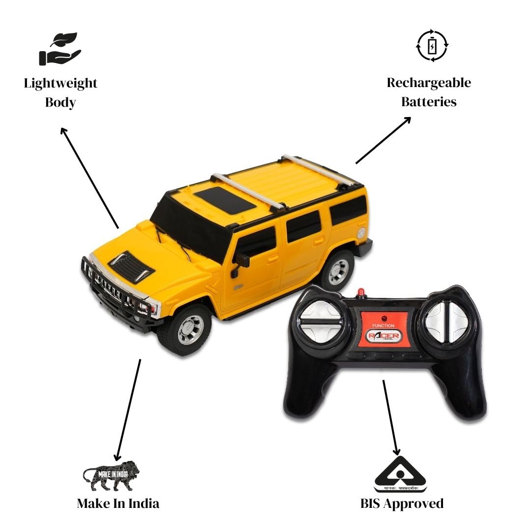 Rechargable Remote Control Car for Kids - Hummer H2 - Full Function R/C - 1:24 Scale | Yellow