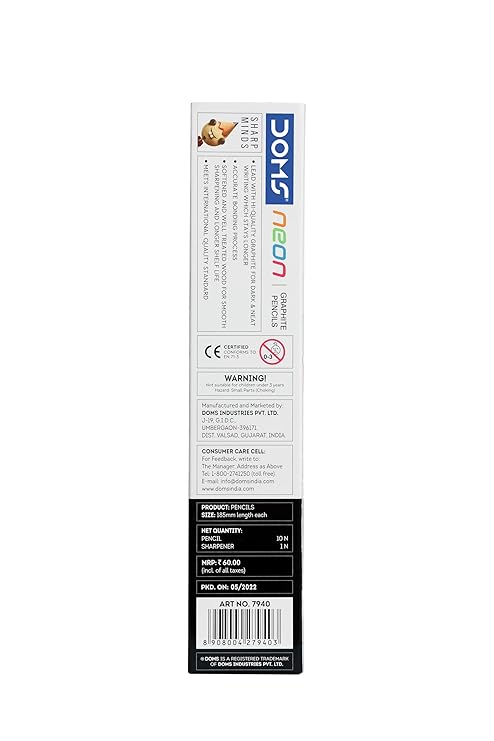 DOMS Neon Rubber Tipped HB/2 Graphite Pencils Box Pack | Non-Toxic | Free Sharpener Inside The Box | Pack Of 10 Pencils