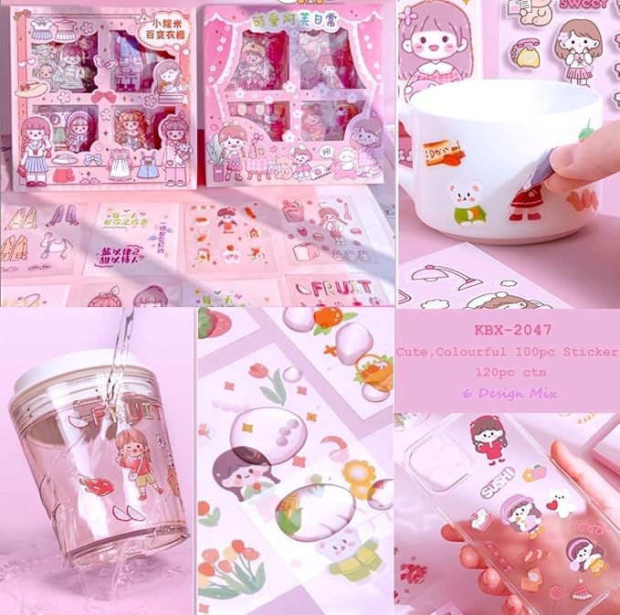 Kawaii Stickers Set 100 Sheets | Cartoon Decorative Washi Stickers | Mix Design