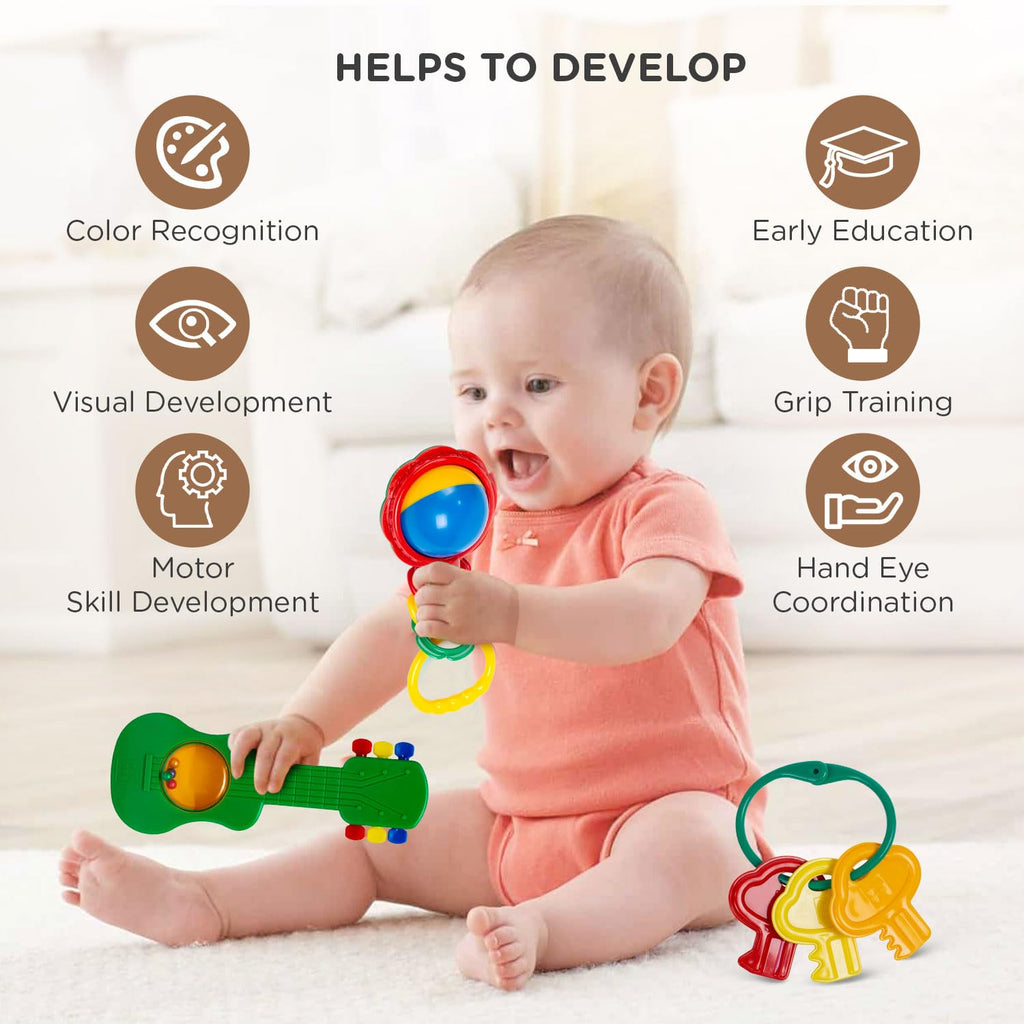 Mee Mee BPA Free Baby Rattles Set, Rattle Gift Set, Made of Food Grade Plastic, Grab Rattles and Soothing Teethers for Babies & Infants, Early Age Toys for Kids (Pack of 3, Multicolor)