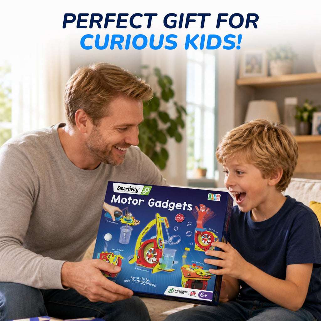 Smartivity 10-in-1 Motor Powered Gadgets Kit for Kids Age 6-12 Years | Build 10+ Science Projects - Bubble Launcher, Spinning Toy & More