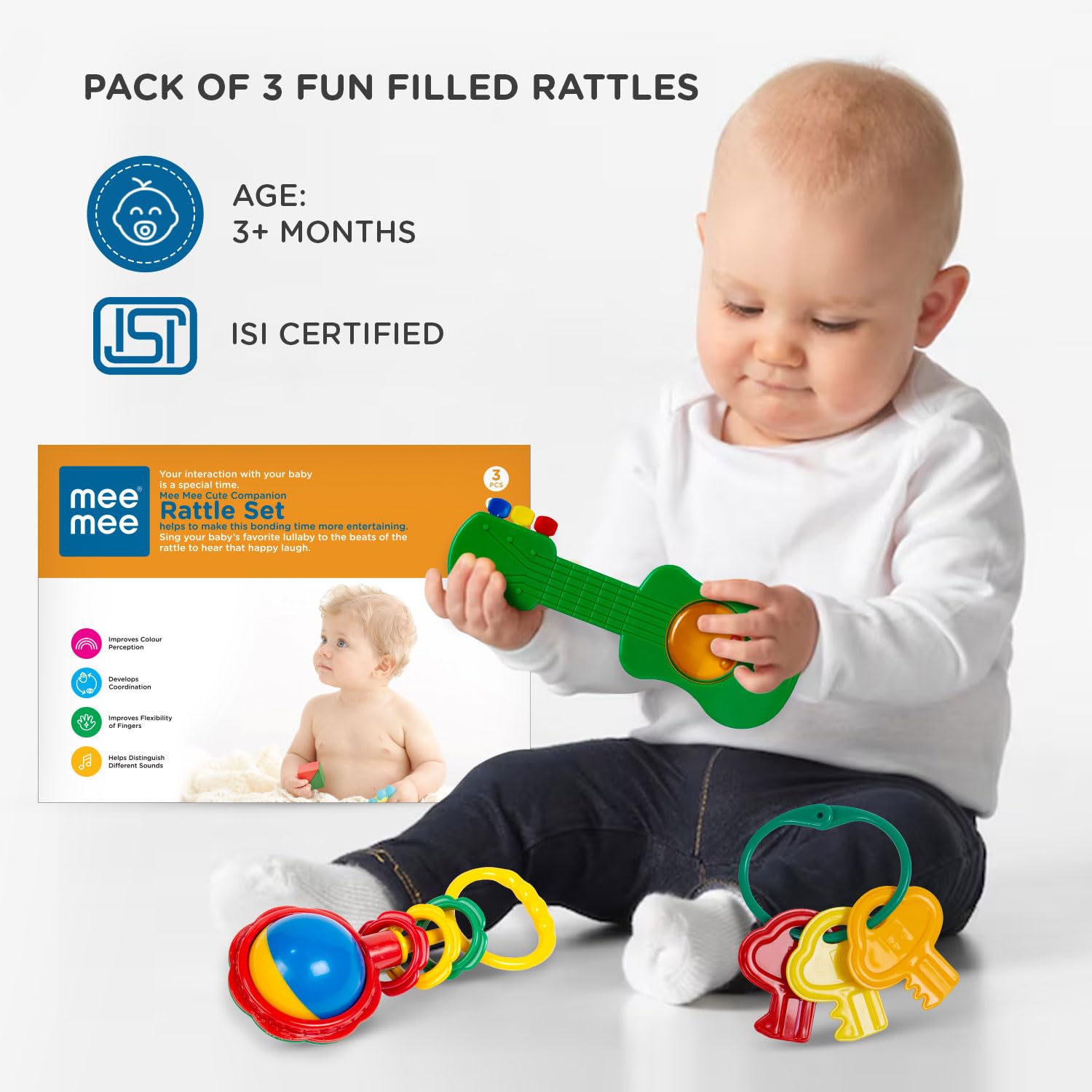 Mee Mee BPA Free Baby Rattles Set, Rattle Gift Set, Made of Food Grade Plastic, Grab Rattles and Soothing Teethers for Babies & Infants, Early Age Toys for Kids (Pack of 3, Multicolor)