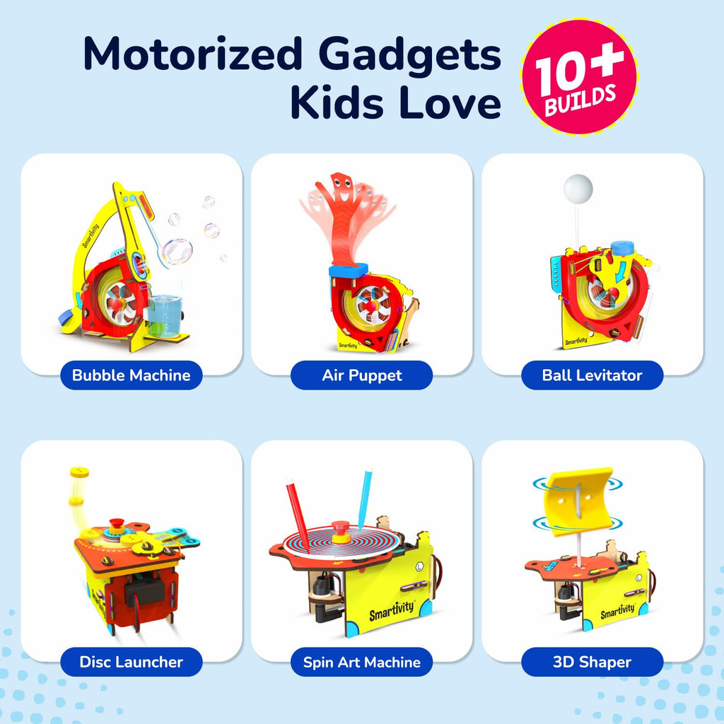 Smartivity 10-in-1 Motor Powered Gadgets Kit for Kids Age 6-12 Years | Build 10+ Science Projects - Bubble Launcher, Spinning Toy & More