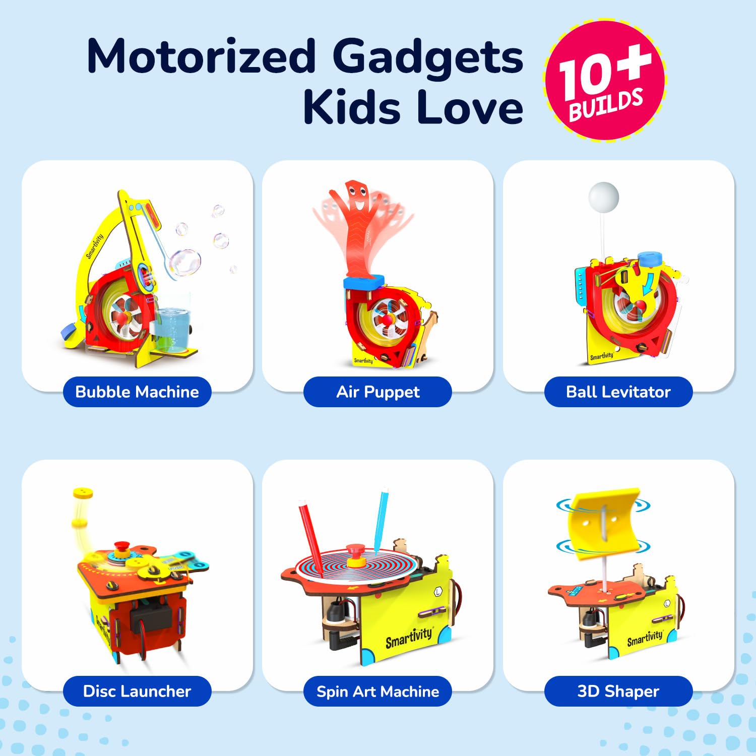 Smartivity 10-in-1 Motor Powered Gadgets Kit for Kids Age 6-12 Years | Build 10+ Science Projects - Bubble Launcher, Spinning Toy & More