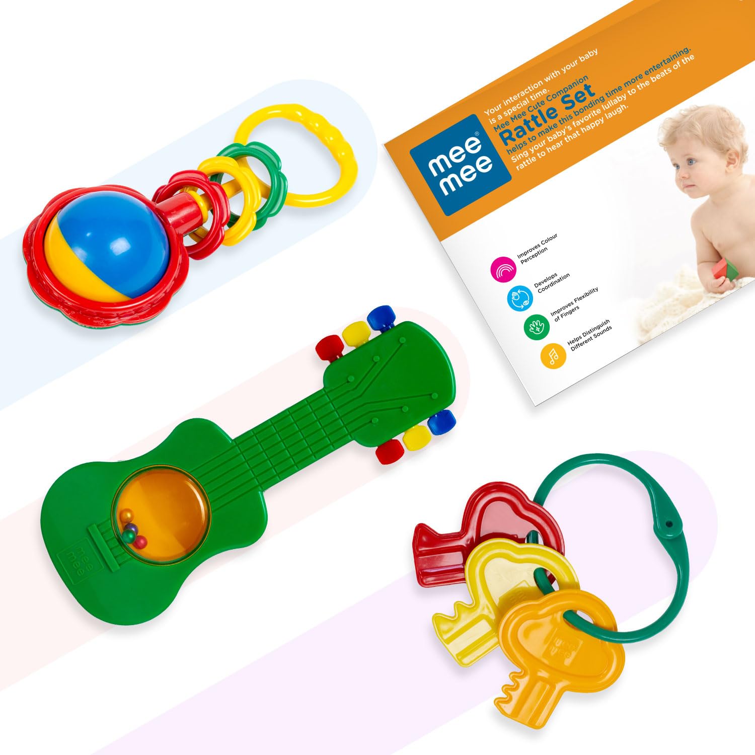 Mee Mee BPA Free Baby Rattles Set, Rattle Gift Set, Made of Food Grade Plastic, Grab Rattles and Soothing Teethers for Babies & Infants, Early Age Toys for Kids (Pack of 3, Multicolor)