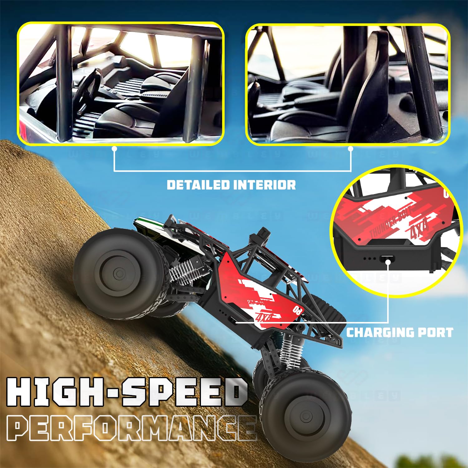 1:16 Scale Thunderbolt Rechargeable Toy Car for Kids| All Terrain Remote Control Car| High-Speed Racing Car for Boys (Red)