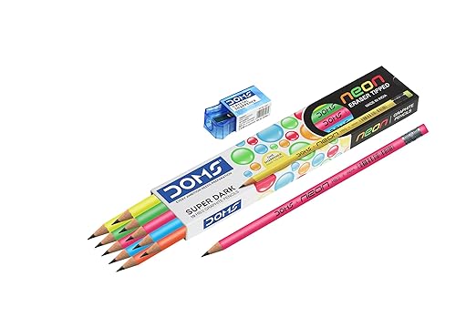 DOMS Neon Rubber Tipped HB/2 Graphite Pencils Box Pack | Non-Toxic | Free Sharpener Inside The Box | Pack Of 10 Pencils