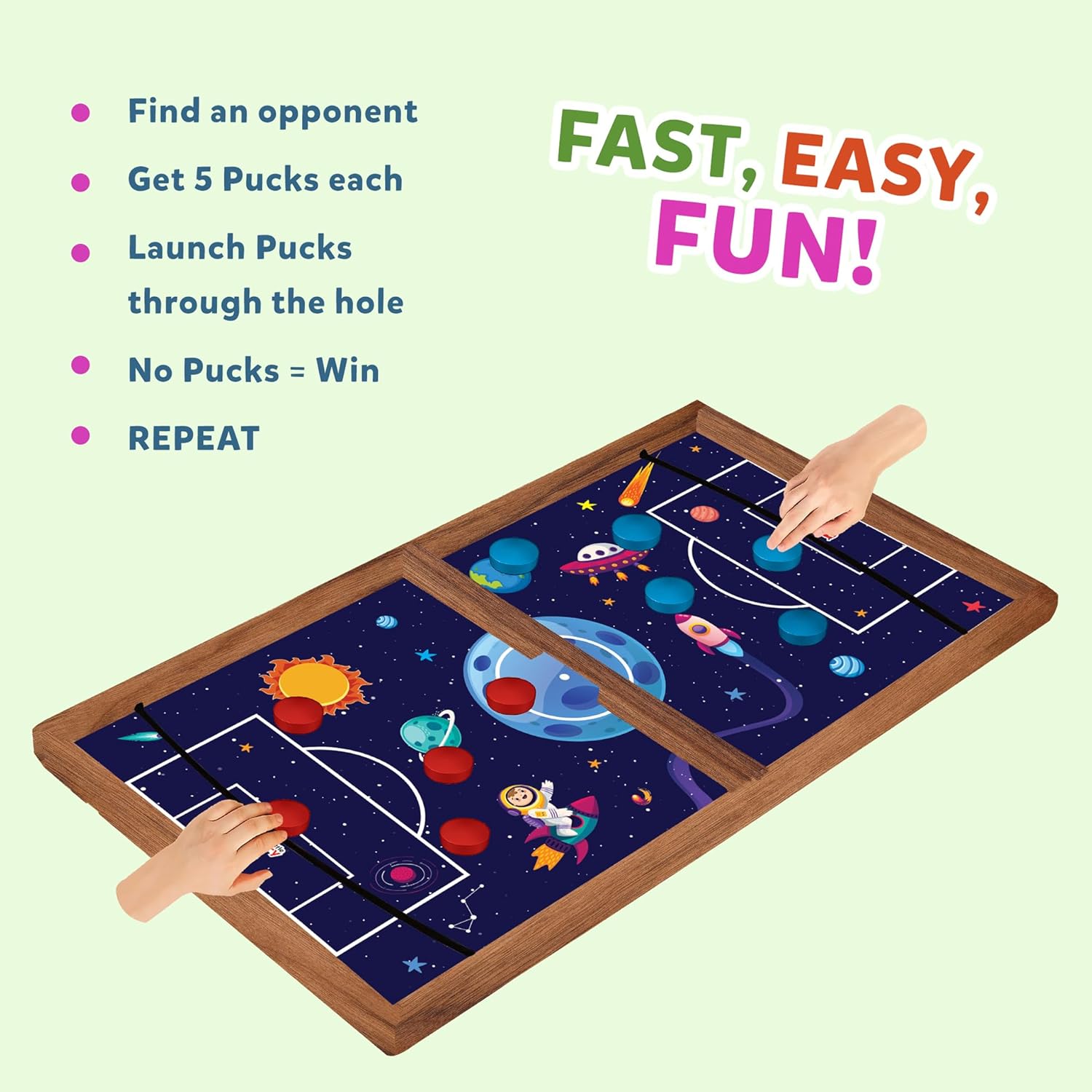 String Hockey Table Board Games for Adults & Kids - Space Adventure Theme | 3 in 1 Wooden Fastest Finger First Indoor Game With Ludo & Snakes Ladder | Sling Puck Board Hockey
