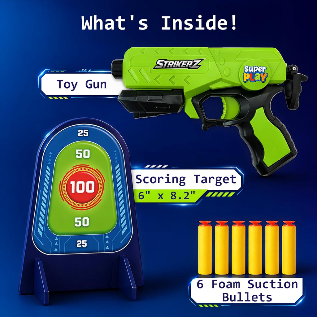 Superplay Strikerz Gun – Foam Bullet Blaster with Scoring Target | Gun Set with 6 Suction Bullets | Long-Range Shooting Action | Indoor & Outdoor Game for Kids Age 5+