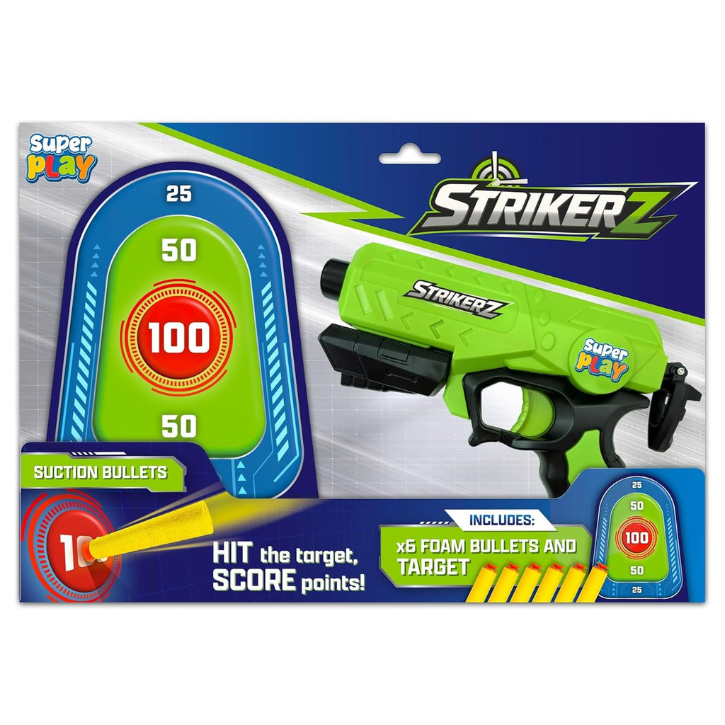 Superplay Strikerz Gun – Foam Bullet Blaster with Scoring Target | Gun Set with 6 Suction Bullets | Long-Range Shooting Action | Indoor & Outdoor Game for Kids Age 5+