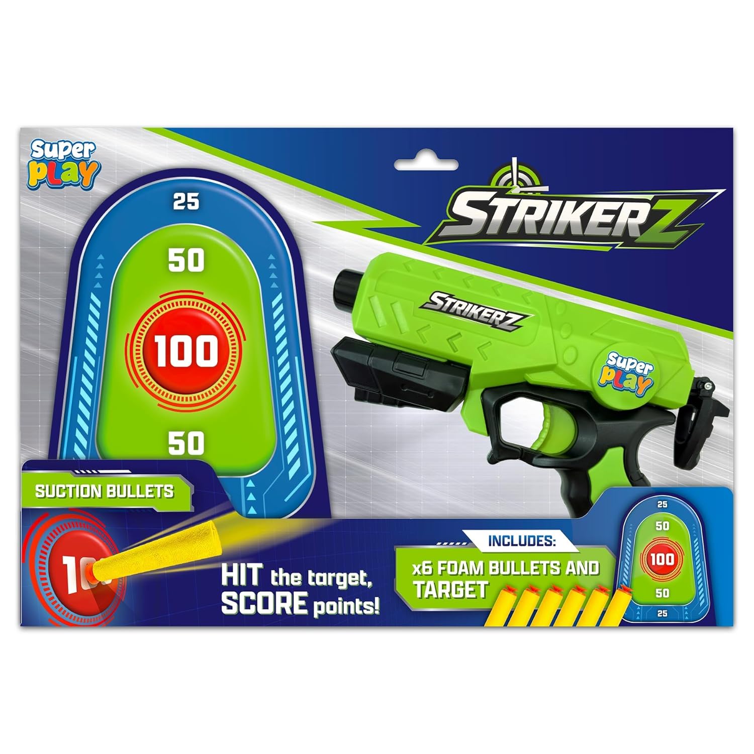Superplay Strikerz Gun – Foam Bullet Blaster with Scoring Target | Gun Set with 6 Suction Bullets | Long-Range Shooting Action | Indoor & Outdoor Game for Kids Age 5+