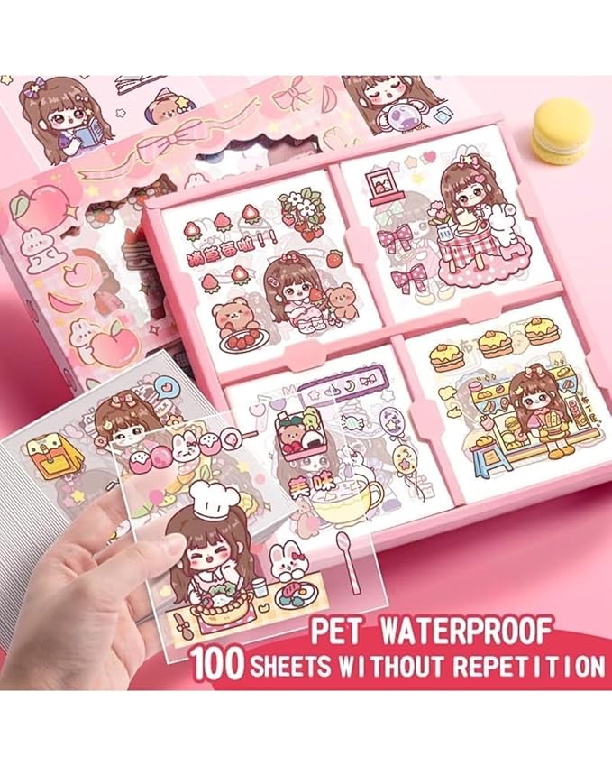 Kawaii Stickers Set 100 Sheets | Cartoon Decorative Washi Stickers | Mix Design