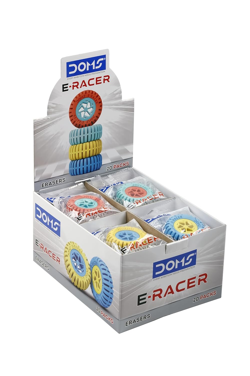 Doms E-Racer Erasers Pack of 20| Round Wheel Shape for Better Grip| Non-Toxic & Safe for Children, Multi-Color