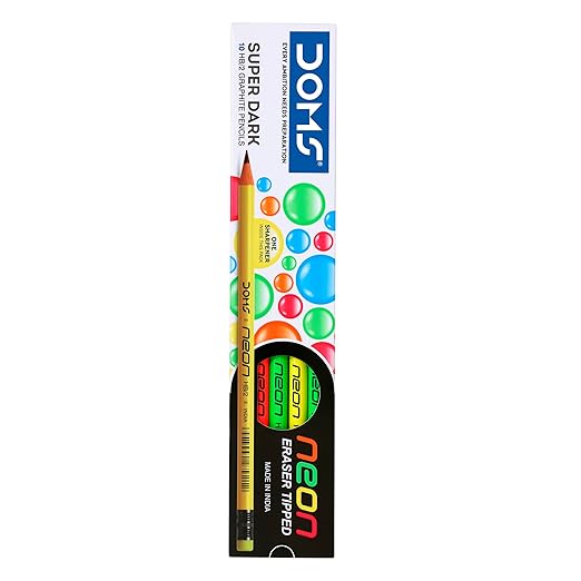 DOMS Neon Rubber Tipped HB/2 Graphite Pencils Box Pack | Non-Toxic | Free Sharpener Inside The Box | Pack Of 10 Pencils