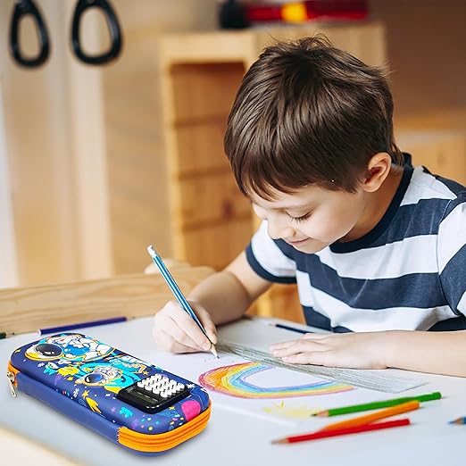 Stationery Pencil Pouch for Kids with Mini Calculator | Space Theme Zipper Case with Multi Storage Compartments - School Supplies Organizer - Multicolor