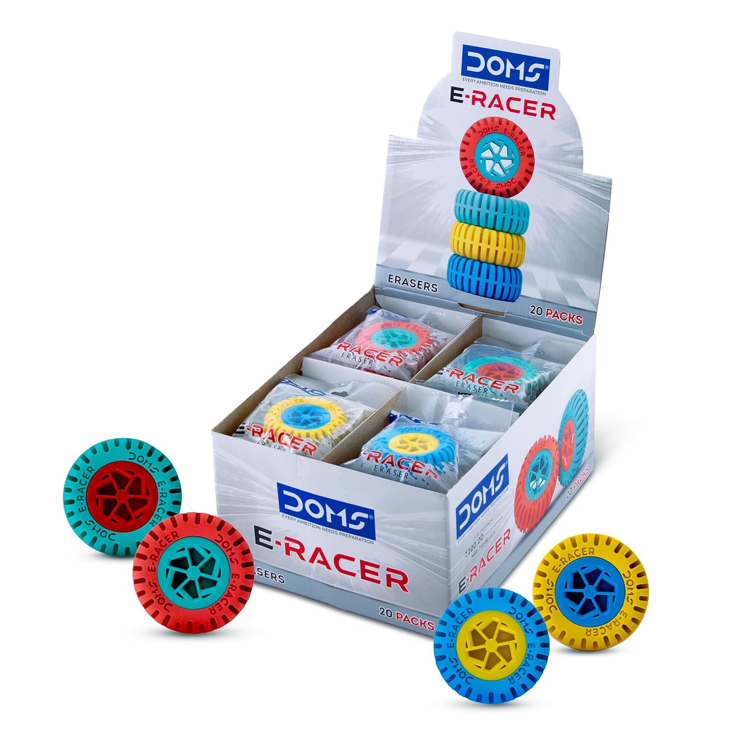 Doms E-Racer Erasers Pack of 20| Round Wheel Shape for Better Grip| Non-Toxic & Safe for Children, Multi-Color