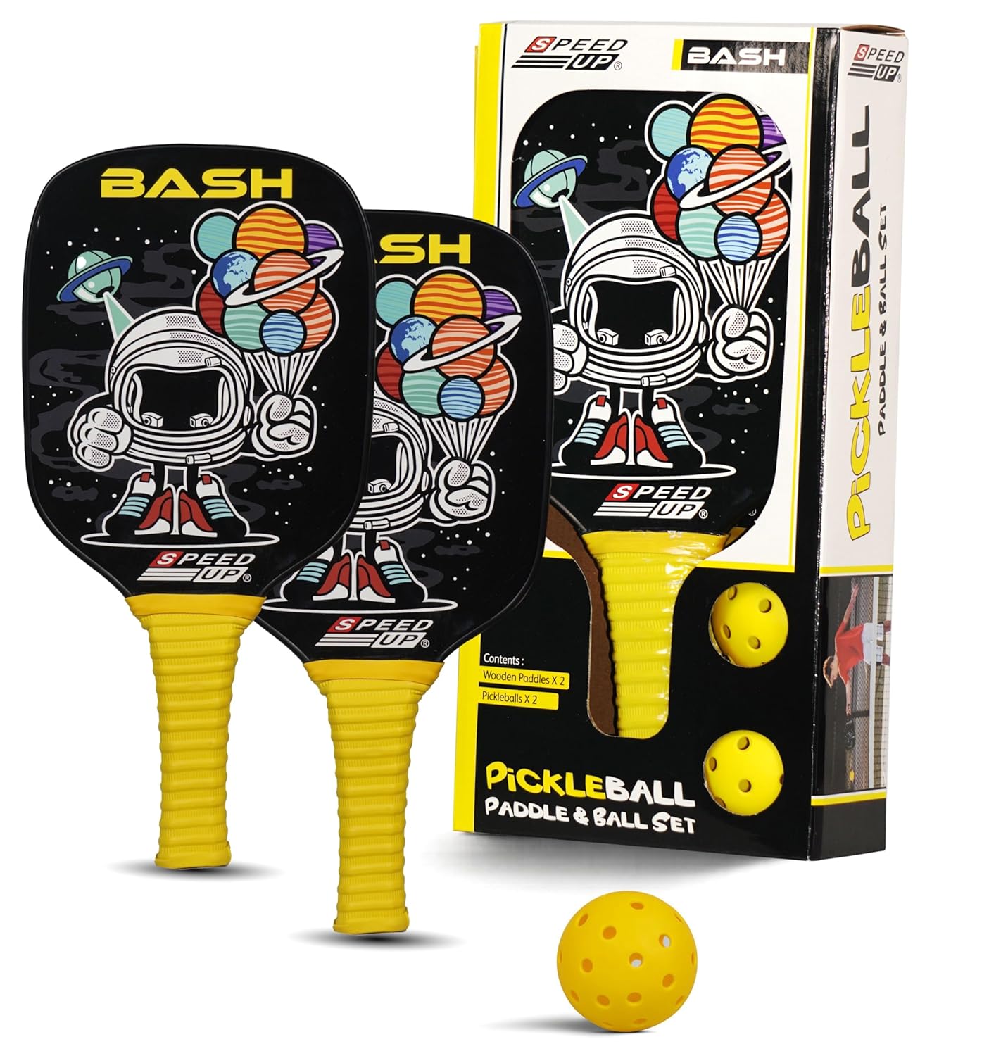 SPEED UP Space Pickleball Paddle Set with 2 Pieces Paddles & 2 Pieces Pickleballs | (Black/Yellow) OR (Navy/Black)
