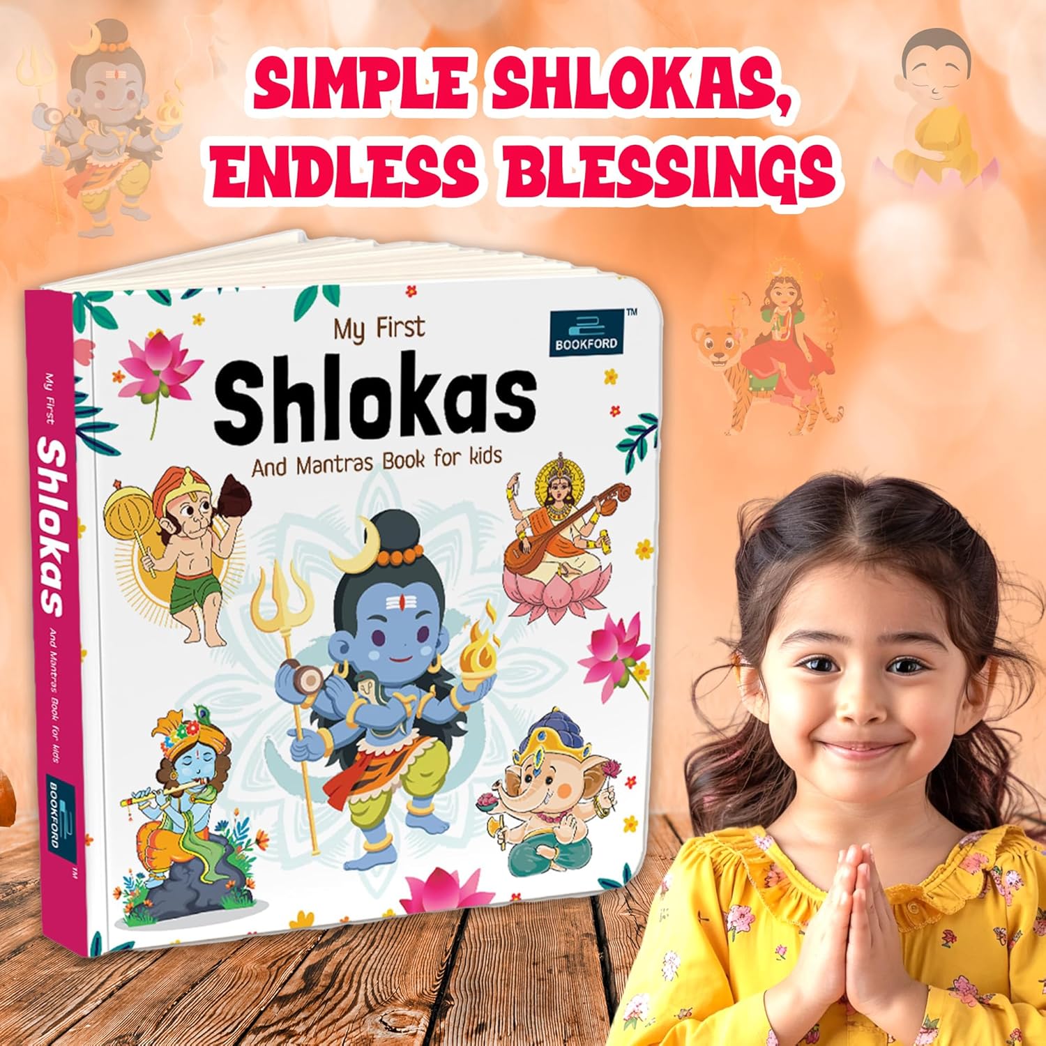 My First Shlokas and Mantras Board Book for Kids – Illustrated Padded Simple Sanskrit Shlokas with English and Hindi Translations.