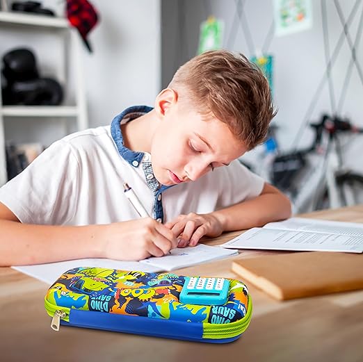 Stationery Pencil Pouch for Kids with Mini Calculator | Dinosaur Theme Zipper Case