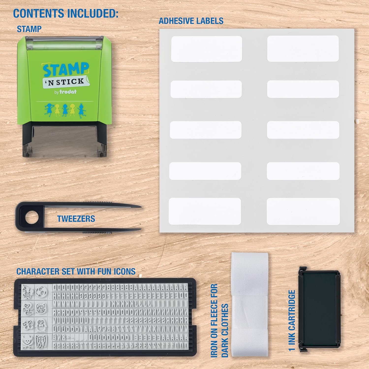 Trodat Stamp 'N Stick | Name Tags Set for Clothing & Affinements - English - Design Your Own Stamp with Dermatologically Tested Ink, Dishwasher & Washing Machine Safe