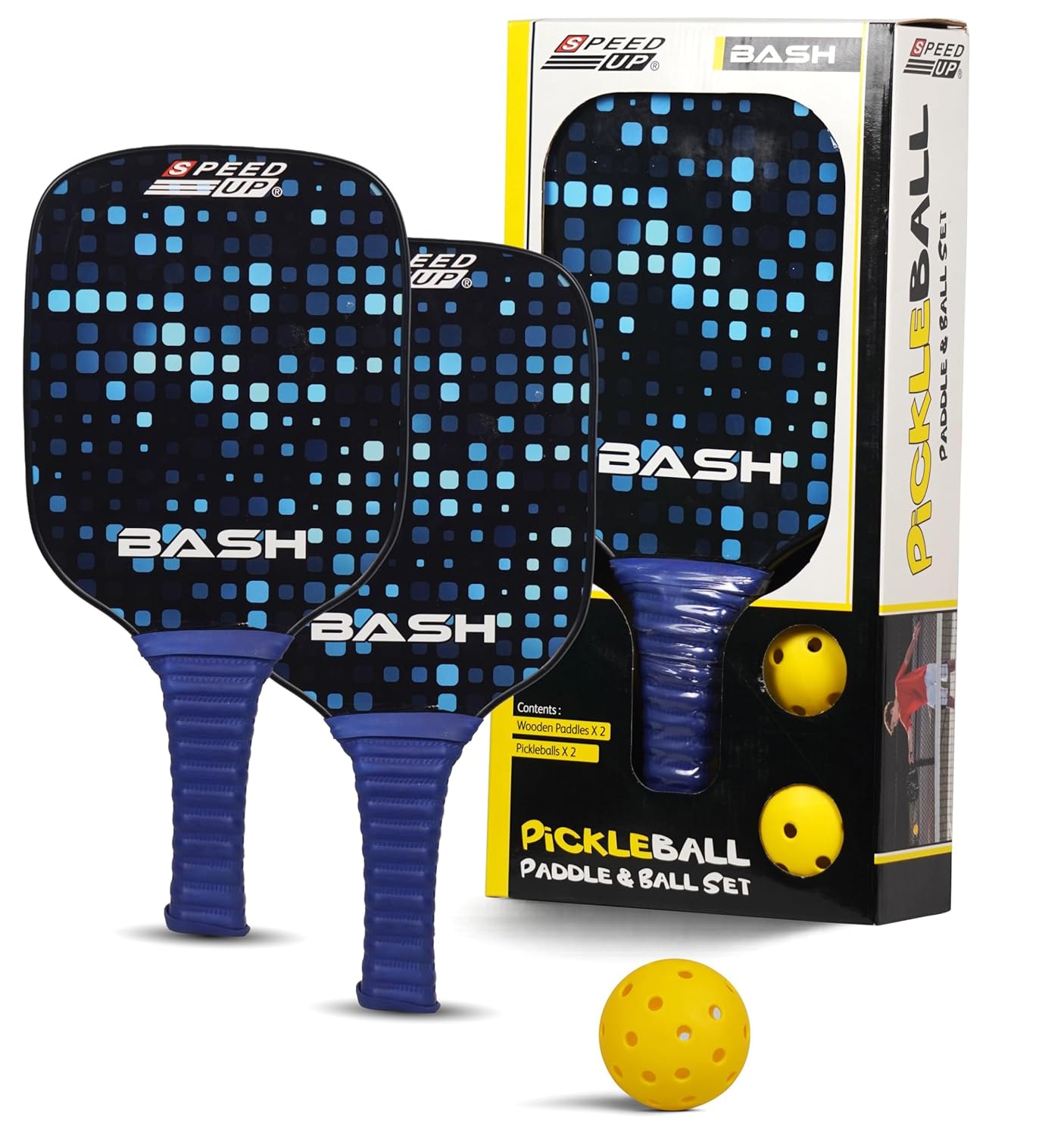 SPEED UP Space Pickleball Paddle Set with 2 Pieces Paddles & 2 Pieces Pickleballs | (Black/Yellow) OR (Navy/Black)