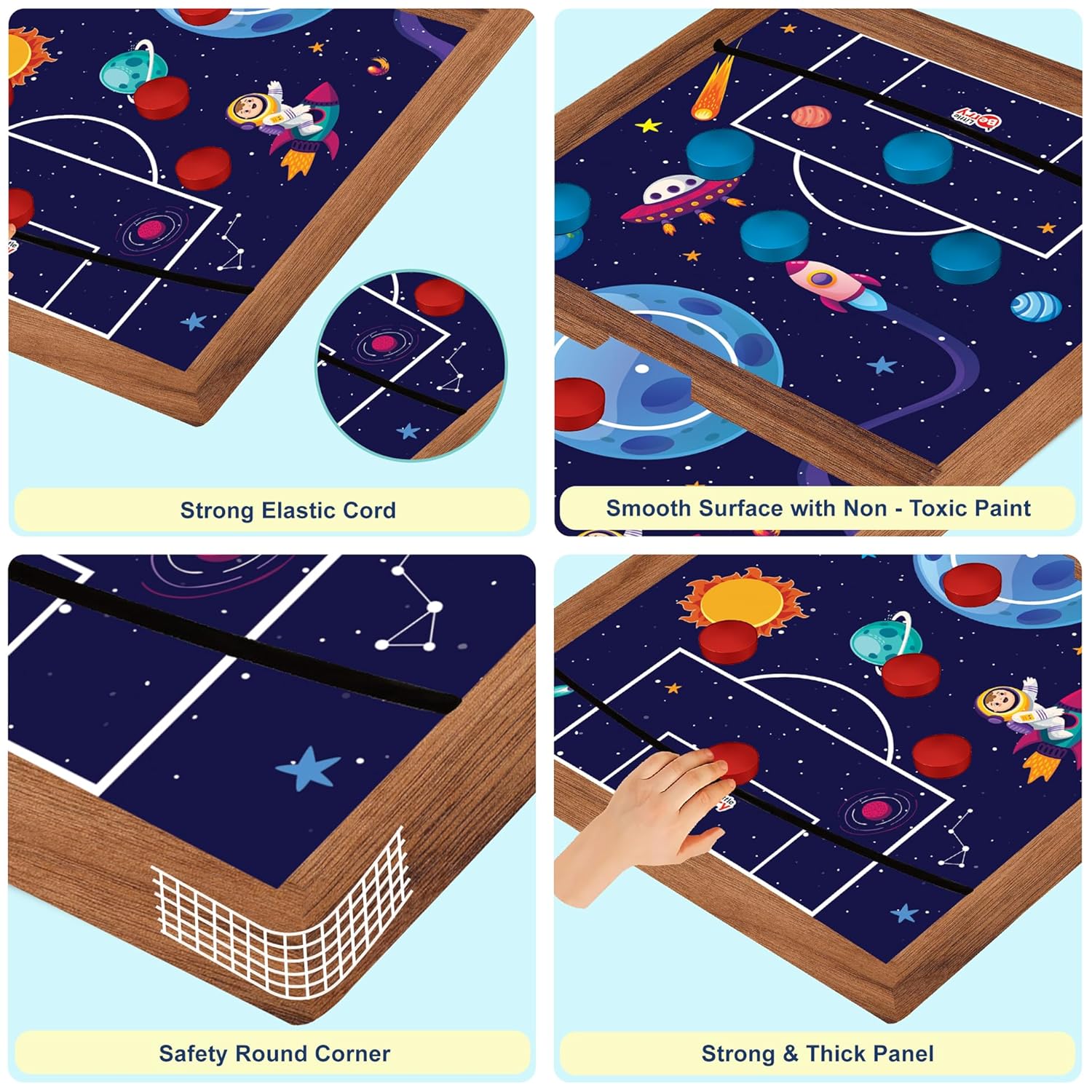 String Hockey Table Board Games for Adults & Kids - Space Adventure Theme | 3 in 1 Wooden Fastest Finger First Indoor Game With Ludo & Snakes Ladder | Sling Puck Board Hockey