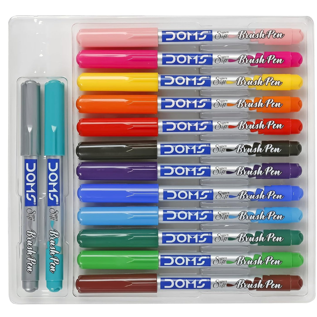 DOMS 14 Shades Brush Pen Box Pack | Super Soft Tip With Brilliant Colors | Water Based Ink Which Gives Water Color Effect | Pack Of 1, Multicolor