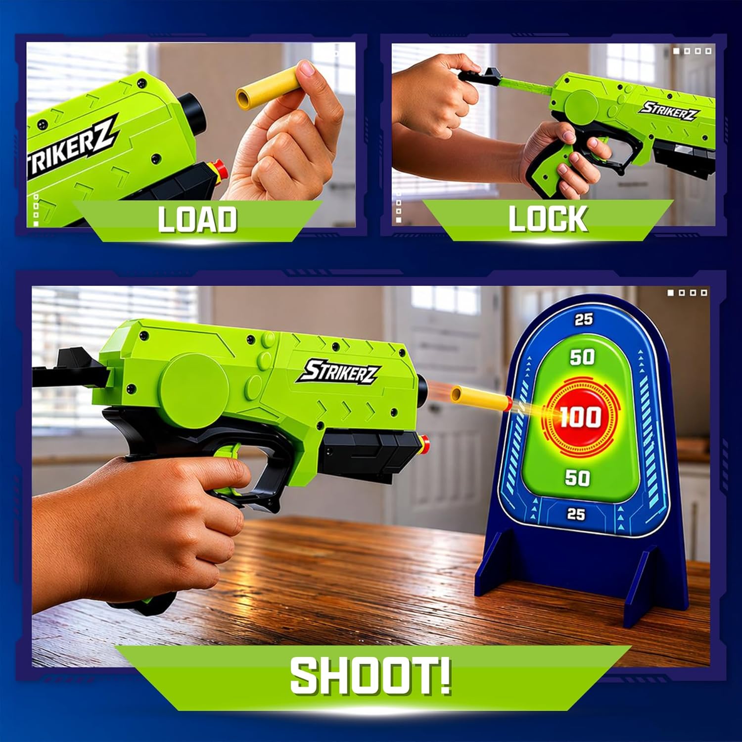 Superplay Strikerz Gun – Foam Bullet Blaster with Scoring Target | Gun Set with 6 Suction Bullets | Long-Range Shooting Action | Indoor & Outdoor Game for Kids Age 5+