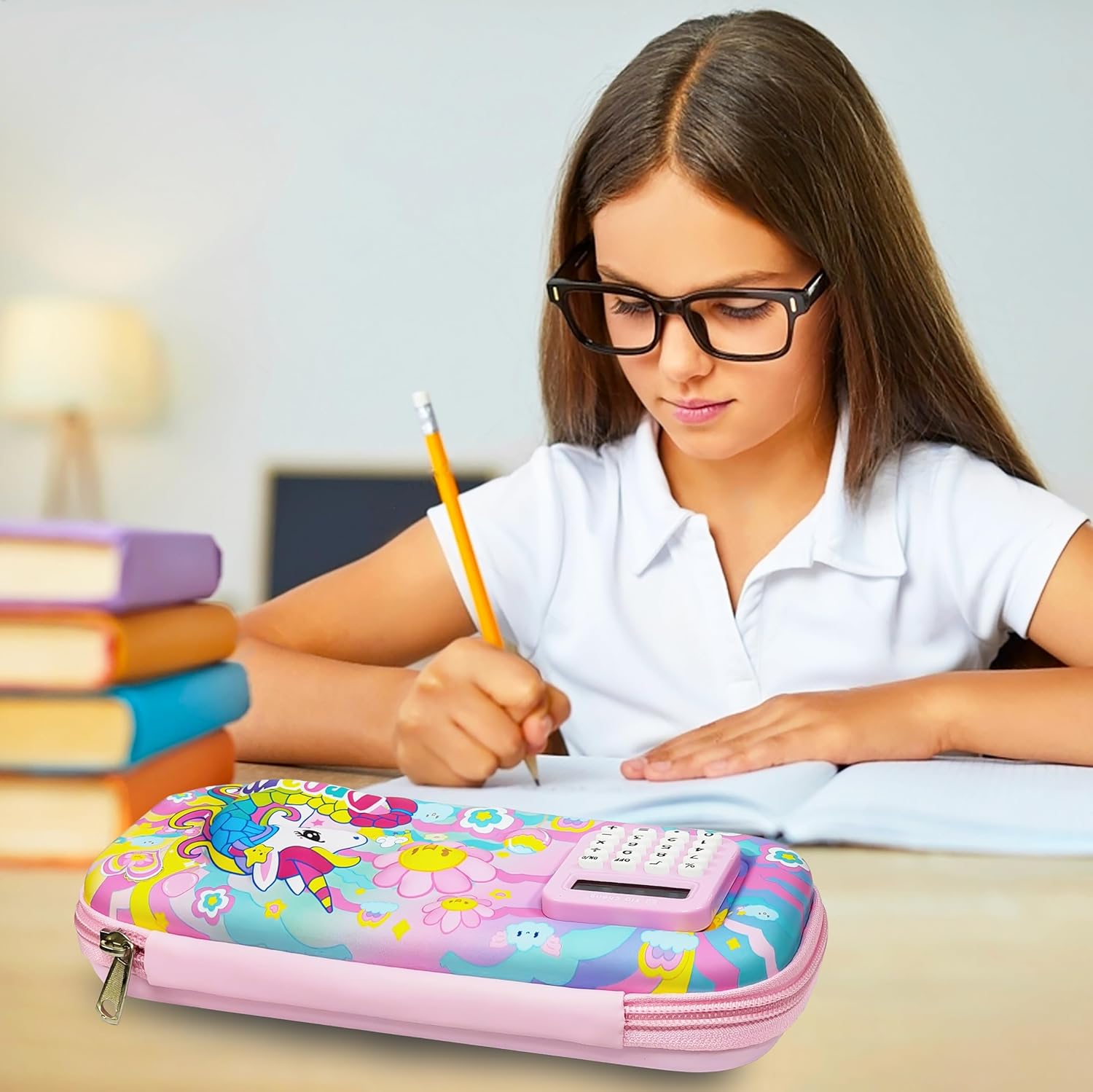 Stationery Pencil Pouch for Kids with Mini Calculator | Unicorn Theme Zipper Case