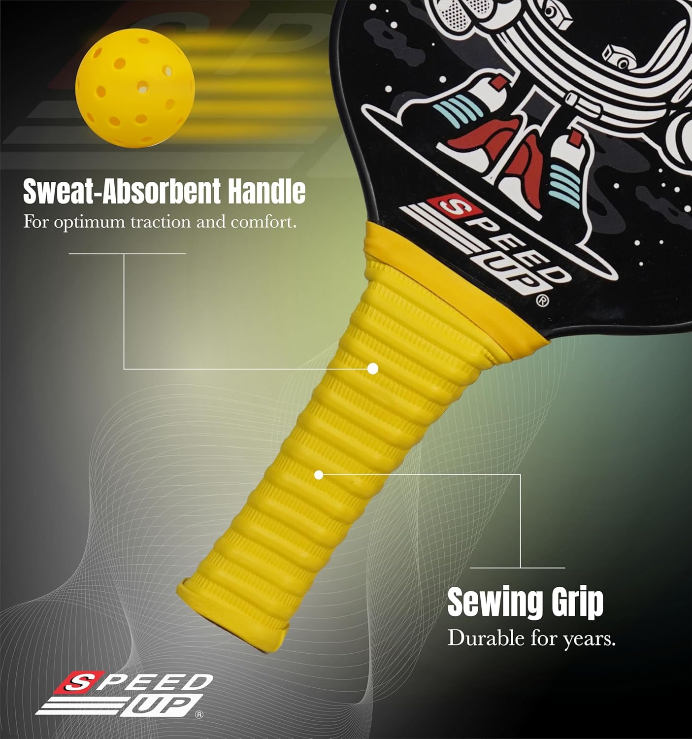SPEED UP Space Pickleball Paddle Set with 2 Pieces Paddles & 2 Pieces Pickleballs | (Black/Yellow) OR (Navy/Black)