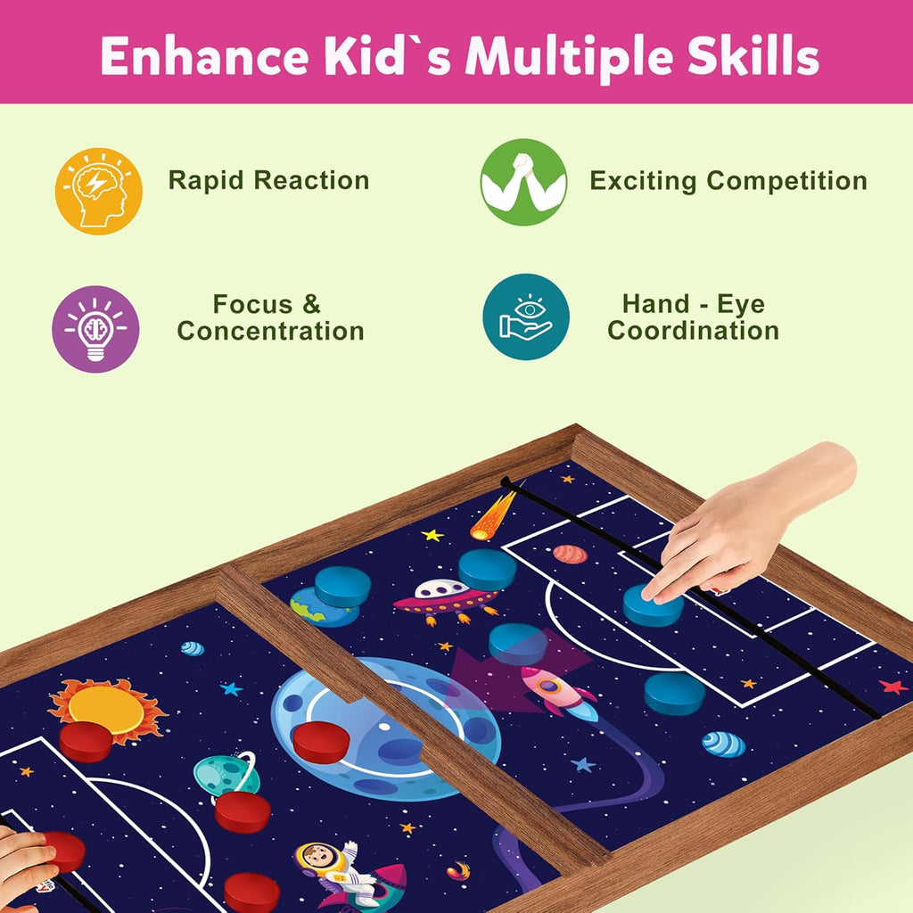 String Hockey Table Board Games for Adults & Kids - Space Adventure Theme | 3 in 1 Wooden Fastest Finger First Indoor Game With Ludo & Snakes Ladder | Sling Puck Board Hockey