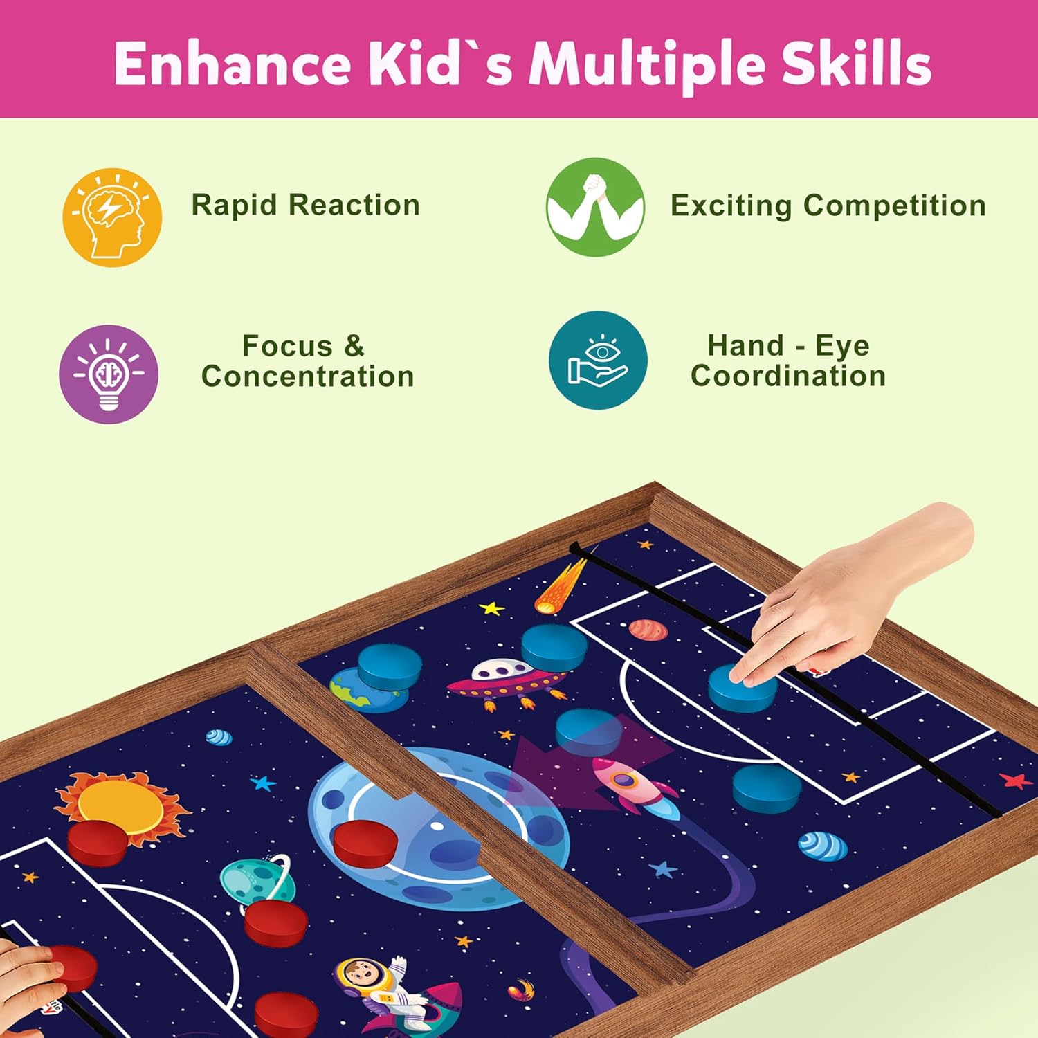 String Hockey Table Board Games for Adults & Kids - Space Adventure Theme | 3 in 1 Wooden Fastest Finger First Indoor Game With Ludo & Snakes Ladder | Sling Puck Board Hockey