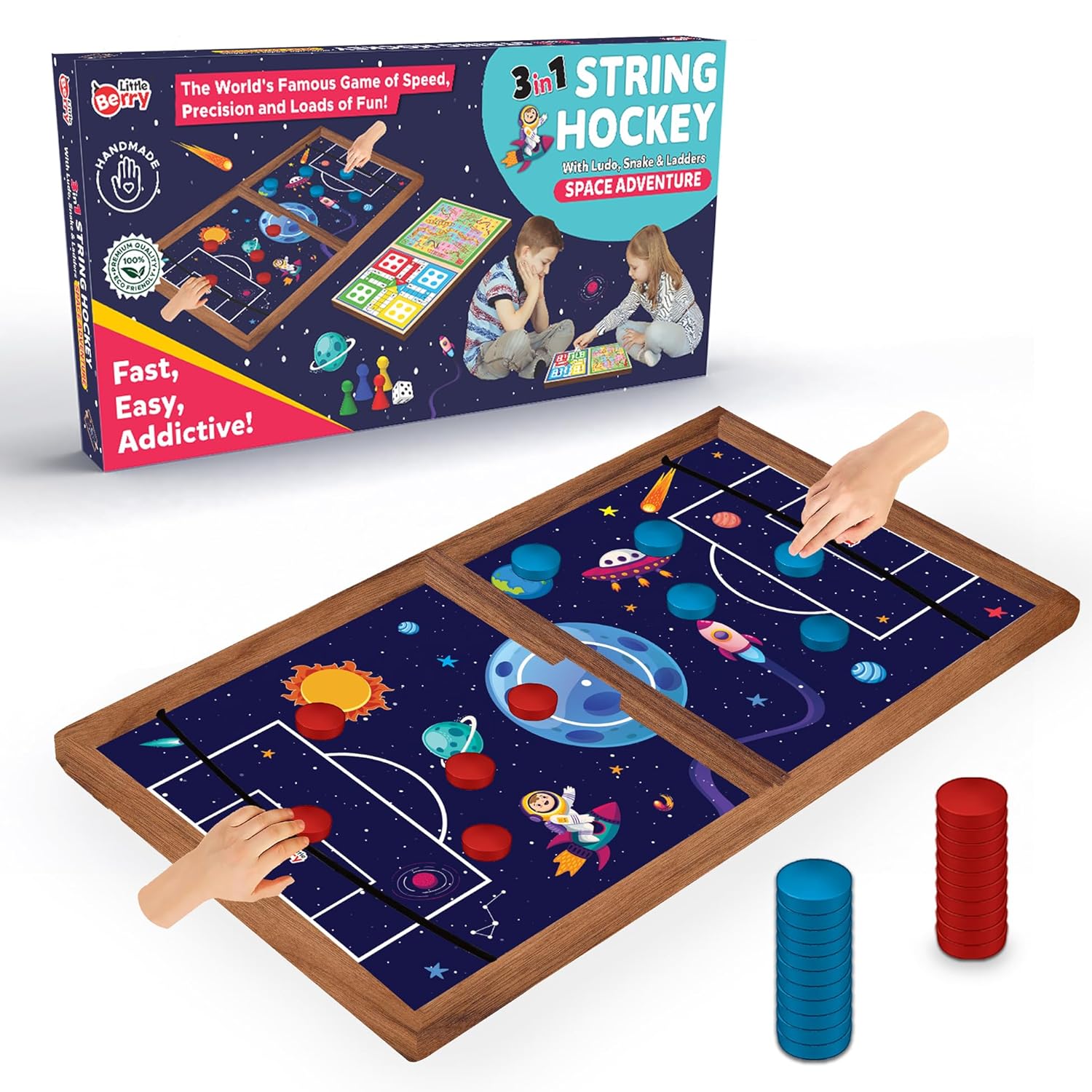 String Hockey Table Board Games for Adults & Kids - Space Adventure Theme | 3 in 1 Wooden Fastest Finger First Indoor Game With Ludo & Snakes Ladder | Sling Puck Board Hockey