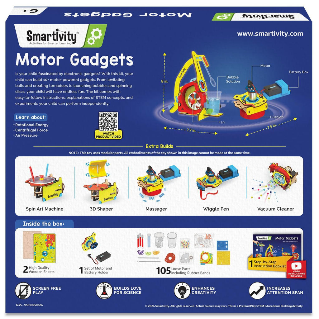 Smartivity 10-in-1 Motor Powered Gadgets Kit for Kids Age 6-12 Years | Build 10+ Science Projects - Bubble Launcher, Spinning Toy & More