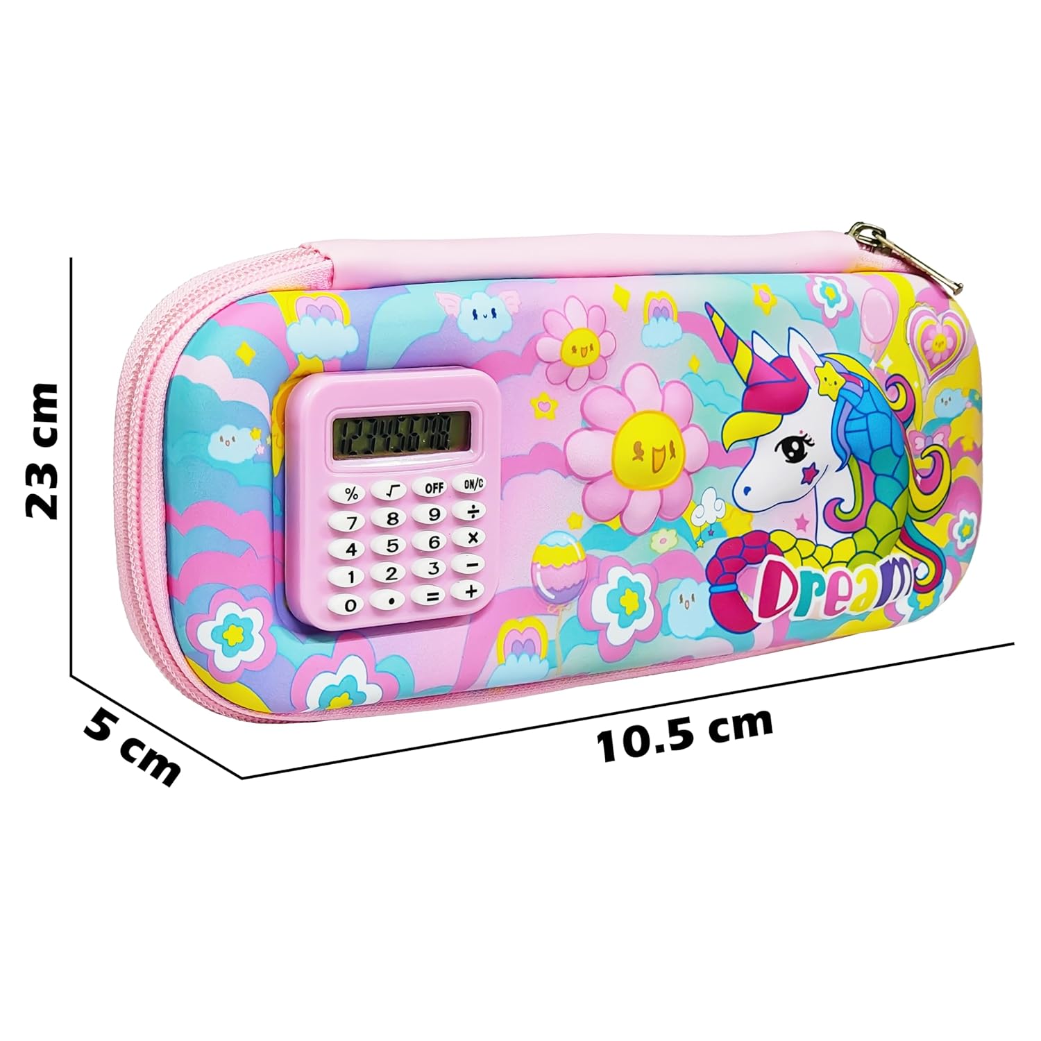 Stationery Pencil Pouch for Kids with Mini Calculator | Unicorn Theme Zipper Case