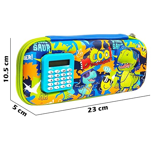 Stationery Pencil Pouch for Kids with Mini Calculator | Dinosaur Theme Zipper Case