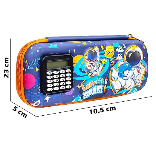 Stationery Pencil Pouch for Kids with Mini Calculator | Space Theme Zipper Case with Multi Storage Compartments - School Supplies Organizer - Multicolor