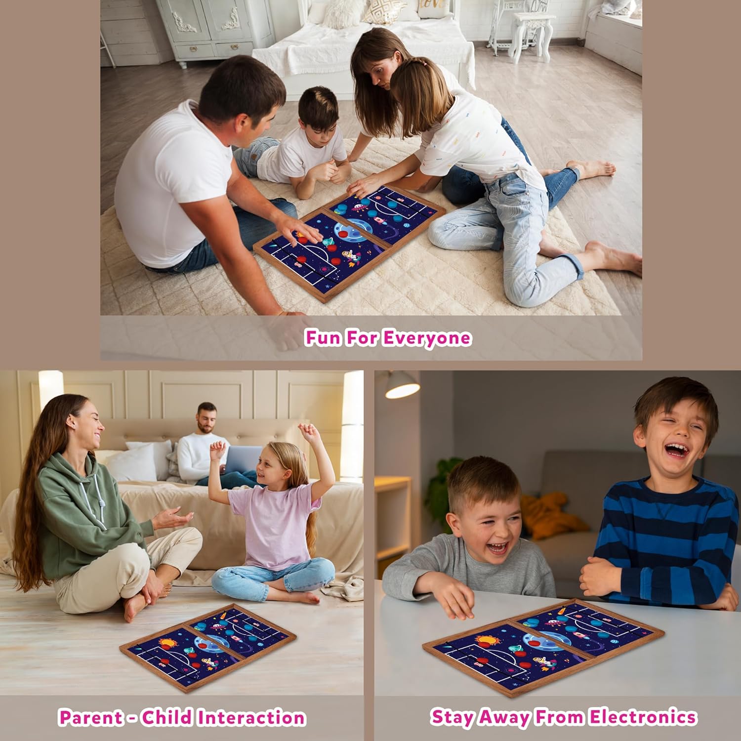 String Hockey Table Board Games for Adults & Kids - Space Adventure Theme | 3 in 1 Wooden Fastest Finger First Indoor Game With Ludo & Snakes Ladder | Sling Puck Board Hockey