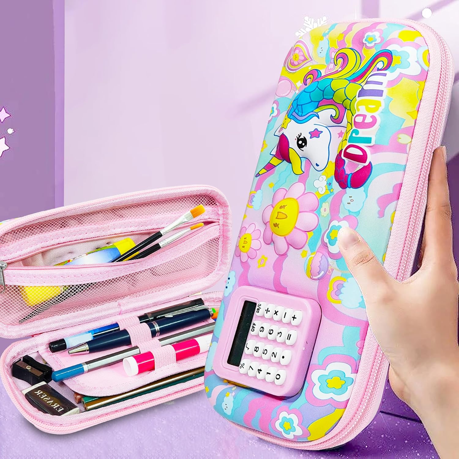Stationery Pencil Pouch for Kids with Mini Calculator | Unicorn Theme Zipper Case