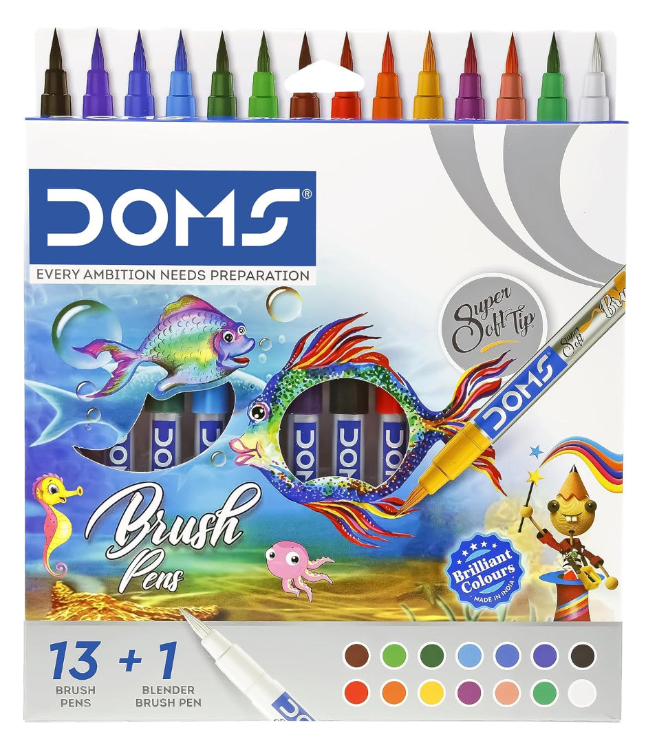 DOMS 14 Shades Brush Pen Box Pack | Super Soft Tip With Brilliant Colors | Water Based Ink Which Gives Water Color Effect | Pack Of 1, Multicolor